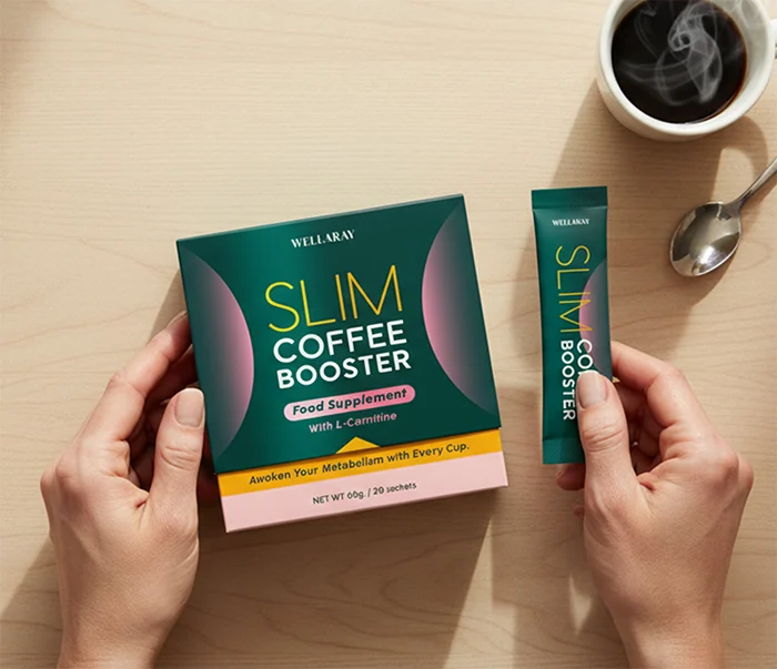 Wellaray Slim Coffee Booster box and sachet beside a cup of coffee